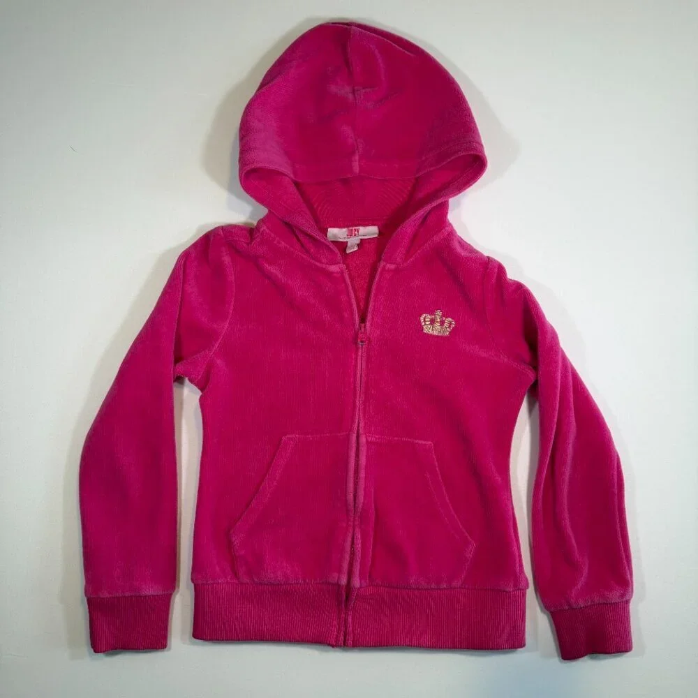 Girls JUICY COUTURE Velour Shocking Pink Full Zip Hoodie Sweatshirt 5T